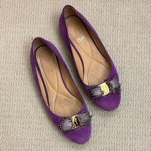 Salvatore Ferragamo Purple Flats with Feather Bow Detail